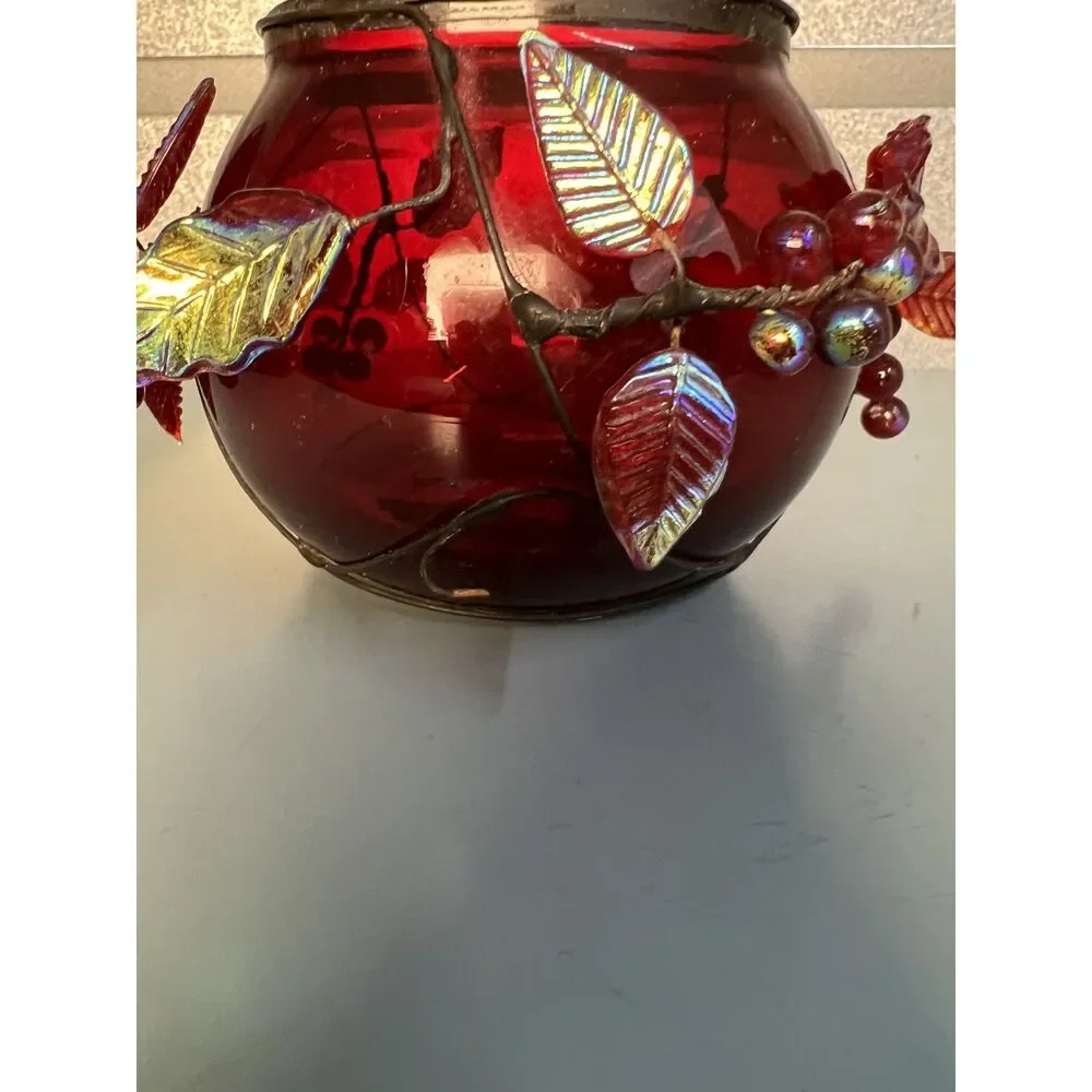 Vintage Cranberry Red Glass Centerpiece Bowl/Vase with Iridescent Leaves
